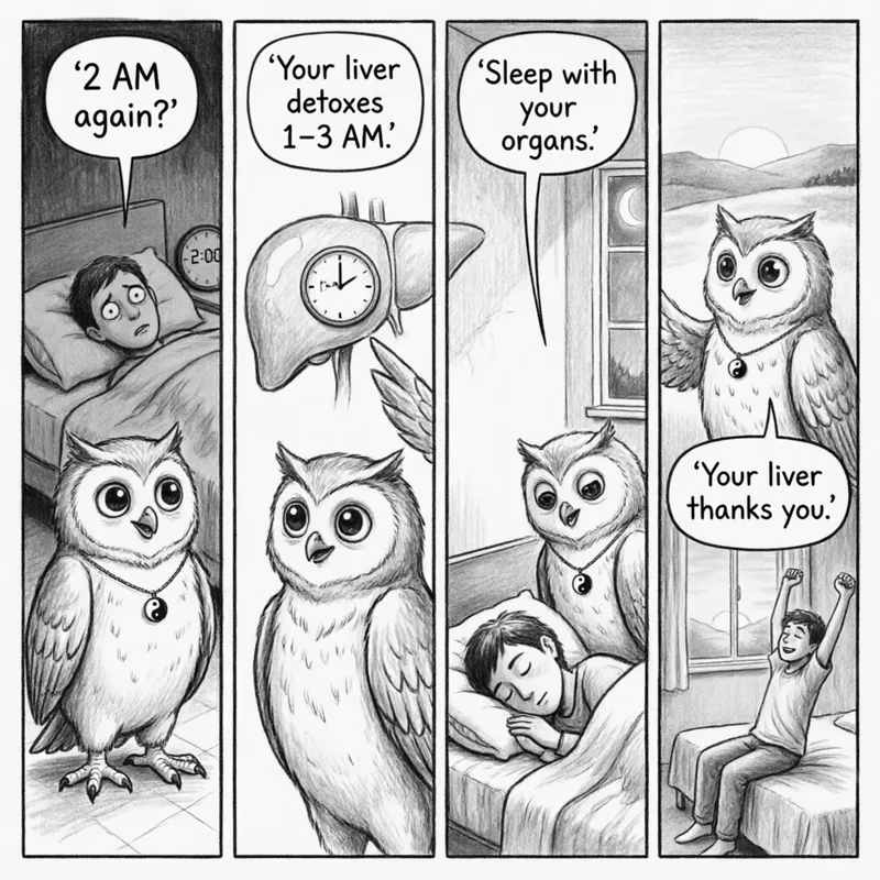 Organ Night Shift — A 4-Panel Comic: (1) 11PM–1AM, Gallbladder time — Ollie presents the night shift schedule, explaining your organs don't clock out when you do; (2) 1–3AM, Liver time — the body's cleanup crew scrubs toxins and renews blood, or calls in sick when stressed; (3) 3–5AM, Lung time — deep breathing spreads Qi through the body while releasing unprocessed grief; (4) 5–7AM, Large Intestine time — letting go, literally, as Ollie shows what happens when this system backs up into your morning
