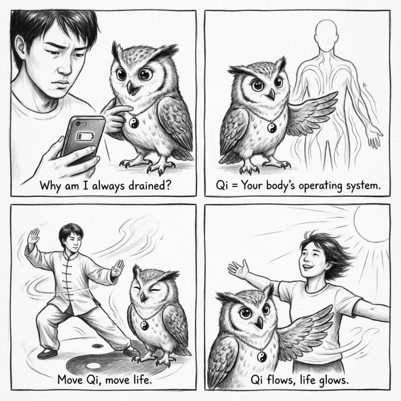 Qi Explained — A 4-Panel Comic: (1) Qi is not magic — it is warm, wet, and physical, refined from the food you eat; (2) Meet your two Qi: Ying Qi nourishes deep inside the channels, Wei Qi guards the body surface like a personal bodyguard; (3) One cold wind, six different diseases — Zhang Zhongjing mapped Qi disharmony at six depths, from Taiyang at the surface to Jueyin at the core; (4) The Nine Qi Disorders: anger lifts Qi upward, fear drops it down, overthinking stagnates it — your emotions literally move Qi through your body.