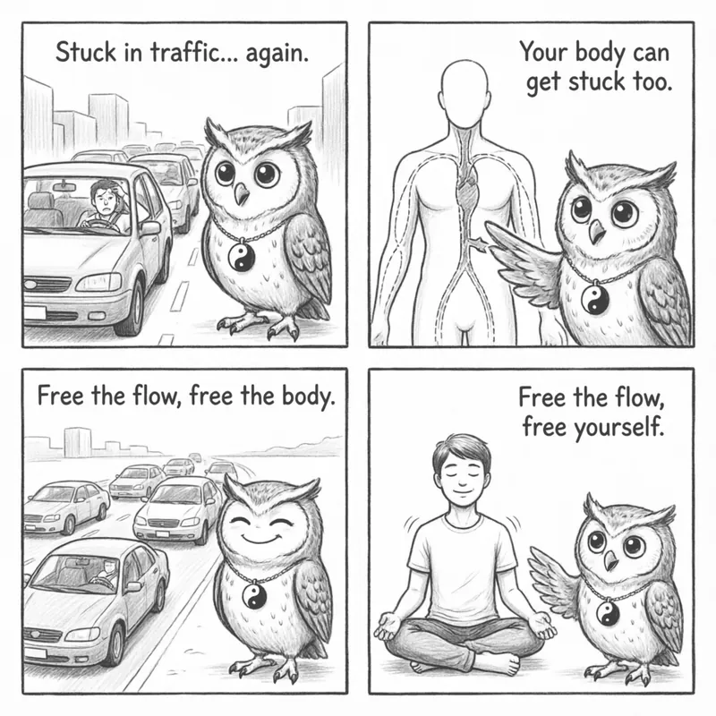 Ollie the TCM Owl explaining Qi stagnation as a traffic jam inside your body