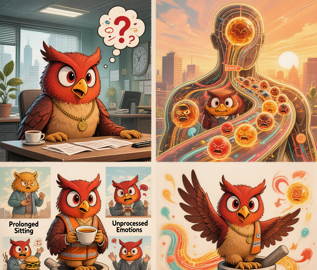 Ollie the TCM Owl explaining Qi stagnation as a traffic jam inside your body