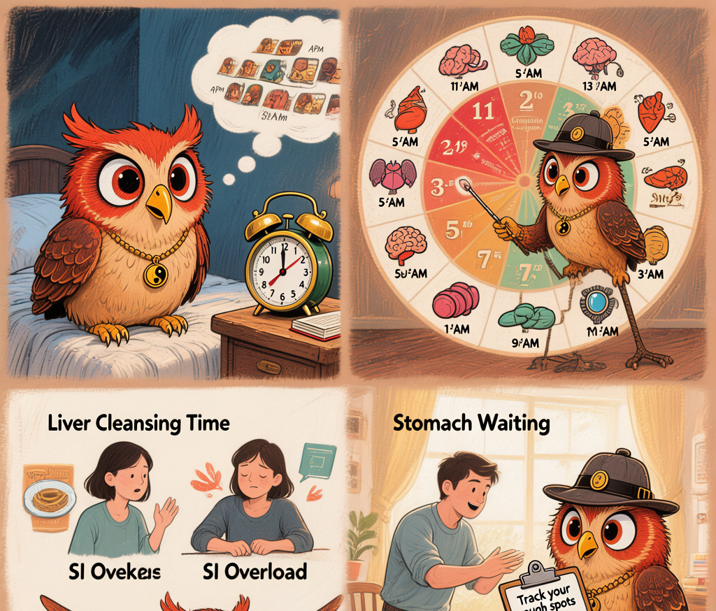 Ollie the TCM Owl presenting the ancient body clock — your organs punch in and out on a 2,000-year-old schedule