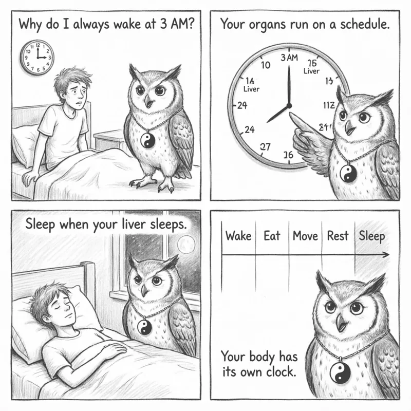Ollie the TCM Owl presenting the ancient body clock — your organs punch in and out on a 2,000-year-old schedule