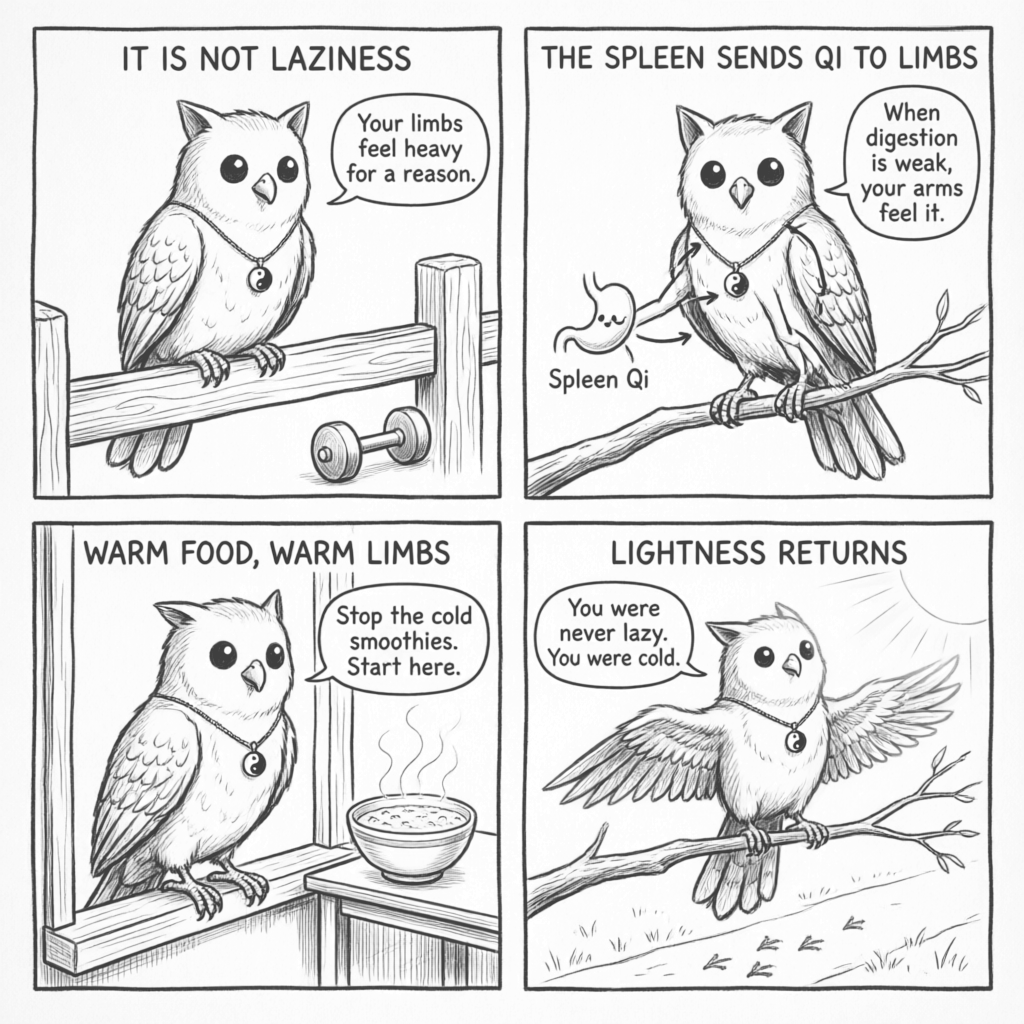 The Dampness Sponge — A 4-Panel Comic: (1) Feeling heavy and labeled lazy (2) Ollie explains dampness with a sponge metaphor (3) Spleen as a struggling dehumidifier (4) Warm foods restore lightness and energy