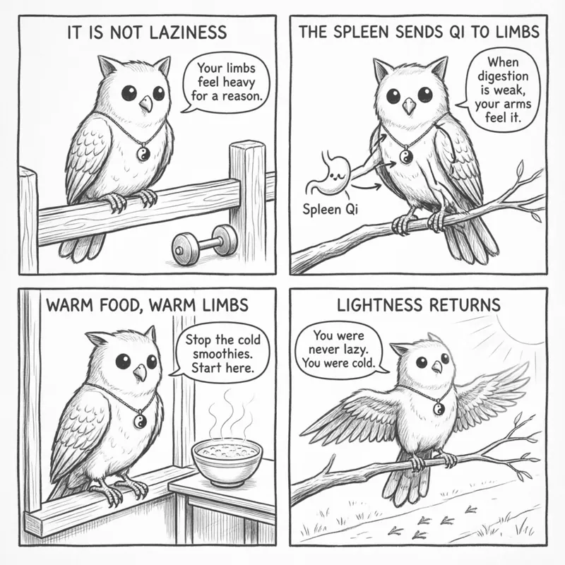 The Dampness Sponge — A 4-Panel Comic: (1) Feeling heavy and labeled lazy (2) Ollie explains dampness with a sponge metaphor (3) Spleen as a struggling dehumidifier (4) Warm foods restore lightness and energy