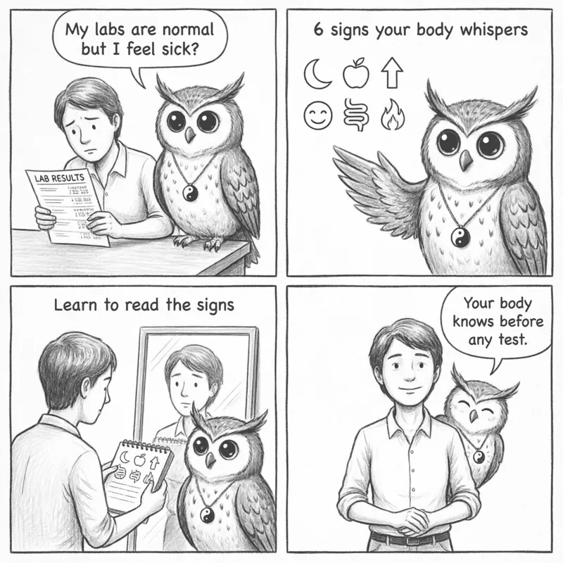 The Six Signs of Health — A 4-Panel Comic: (1) Normal lab results but still feeling unwell (2) Ollie presents six health indicators — appetite, bowels, sleep, warmth, clarity, mood (3) Checking each sign like a checklist (4) Health is more than lab numbers