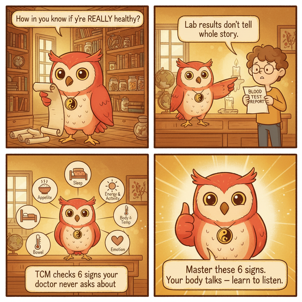 Ollie's 4-Panel Comic: The TCM Owl checks off his 6-sign health scorecard