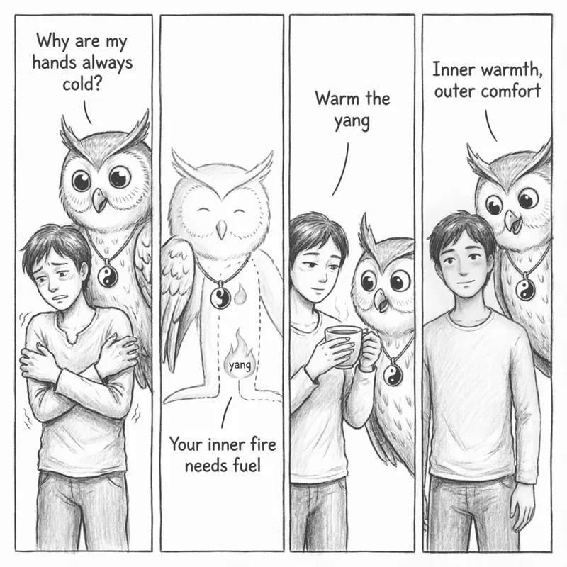 Why Your Cold Hands Are Warning You — A 4-Panel Comic: (1) A person looks down at icy blue-tinted hands with worry. (2) Ollie points to a body diagram where red dashed arrows of Qi and blood stop at the forearms, never reaching the cold hands. (3) Ollie stands beside a glowing heart radiating warmth like a furnace toward outstretched hands. (4) Hands are now warm pink and healthy; Ollie faces the reader with a confident smile beside a blank speech bubble.