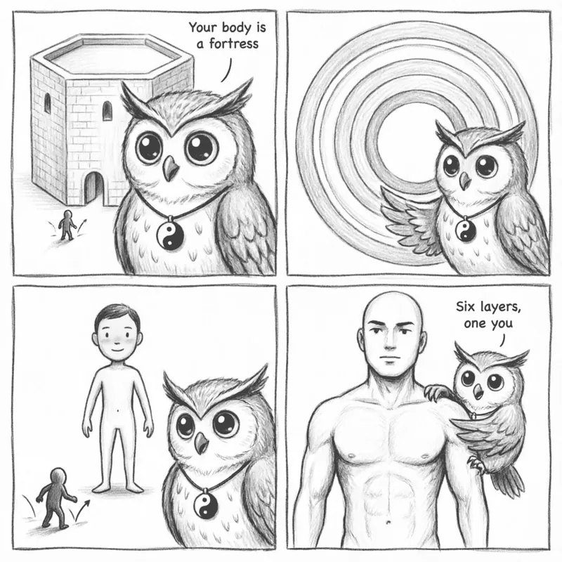 The Six-Layer Castle Defense — A 4-Panel Comic: (1) Pathogen invading like tiny warriors (2) Ollie shows the body as a castle with six concentric defensive walls (3) Pathogen breaking through, body mobilizing deeper defenses (4) Strong immunity at outer layer, Ollie as castle guardian