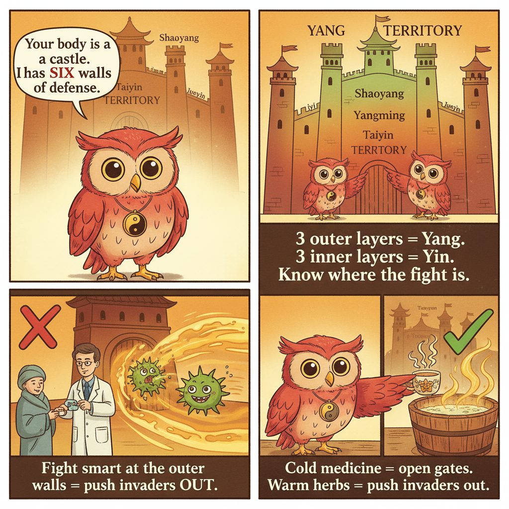 Ollie the owl guards a castle with six layered walls, explaining the body's TCM defense system
