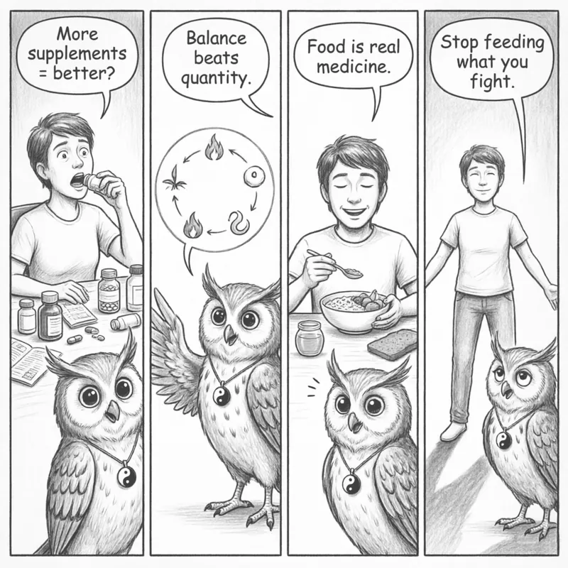 Stop Feeding What You Fight — A 4-Panel Comic: (1) Fighting fire with one hand, pouring gasoline with the other (2) Ollie stops them — a scale balancing what you consume vs what heals (3) Warm soup replacing cold drinks, vegetables replacing greasy food (4) Fire extinguished, Ollie shows food as medicine