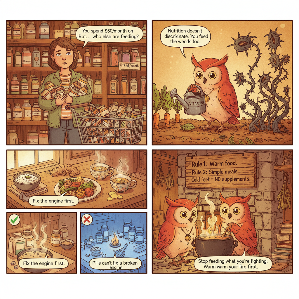 Ollie the owl stands in front of a garden, pouring fertilizer labeled 'Vitamins' — weeds grow faster than vegetables on one side