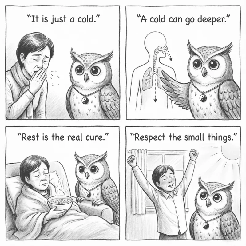 The Cold Progression Map — A 4-Panel Comic: (1) 'Just a cold.' (2) Six-Channel Progression Map with 3-Day Deadline (3) Suppression vs True Healing (4) Classical Cold Protocol: Sweat it out on Day 1