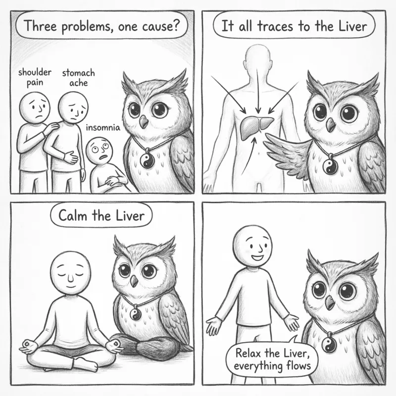 Liver Rules Everything — A 4-Panel Comic: (1) Shoulder pain, IBS, and insomnia — three separate symptoms (2) Ollie connects all three to one organ — the Liver as a central hub (3) Liver as the General directing Qi flow — stress causes stagnation (4) Stress relief restores flow, all three symptoms resolve, Ollie explains the Liver governs smooth flow