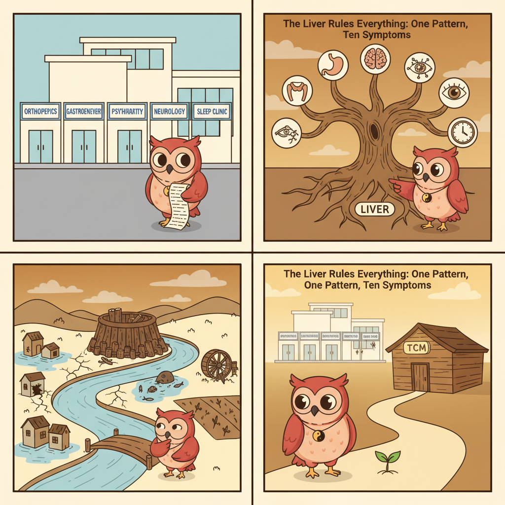 Ollie the owl explains how Liver Qi stagnation causes ten different symptoms across the body — one root, many branches