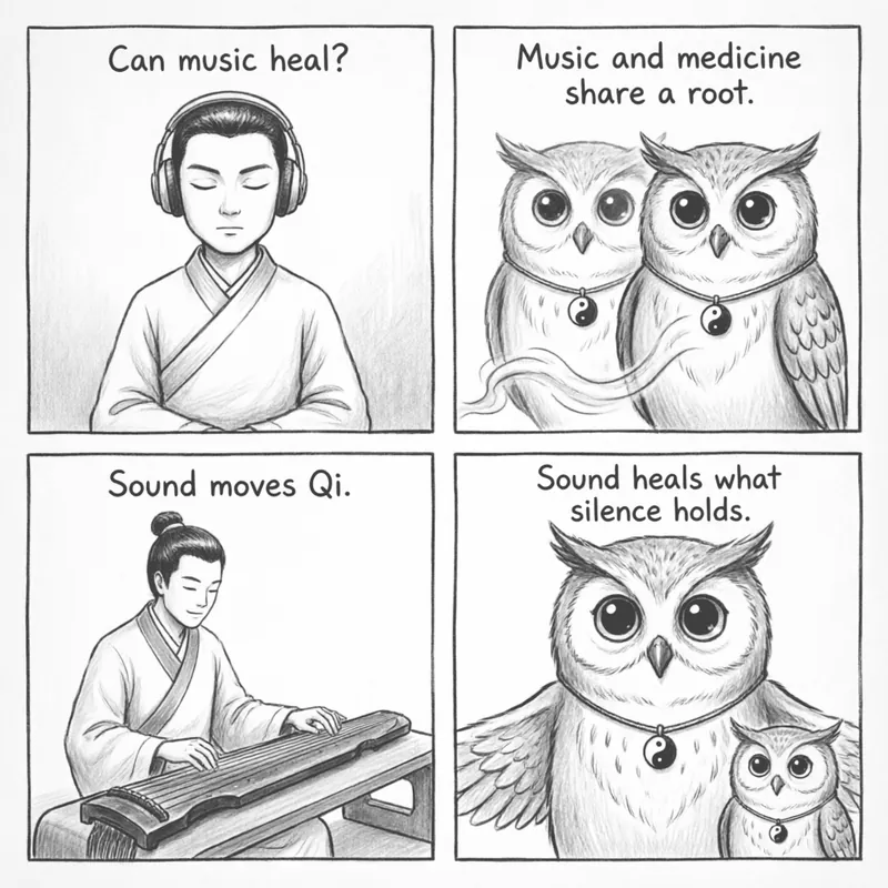 The Medicine Character Contains Music — A 4-Panel Comic: (1) The Chinese character yao (medicine) breaks into the grass radical cao and the character yue (music) (2) Ollie plays the ancient five-note scale, each note connected to an organ (3) Sound waves as healing energy reaching the five organs (4) Person listening to healing music, body in harmony, Ollie holding a musical note and an herb together
