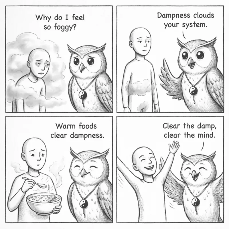 The Ten Diagnostic Questions — A 4-Panel Comic: (1) Modern doctor staring at lab results vs ancient physician asking detailed questions (2) Ollie presents the ten questions — sleep, appetite, bowels, urination, thirst, temperature, sweat, pain, emotions, menstruation (3) Each question illuminating a different body part like a diagnostic map (4) A complete health picture emerges — Ollie shows what questions reveal that labs miss