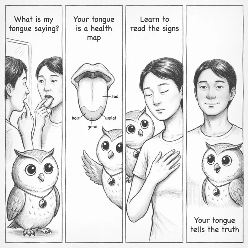 The Tongue Knows — A 4-Panel Comic: (1) Normal lab results (2) Tongue as diagnostic map (3) Comparing tongue types (4) Your tongue shows patterns before lab tests