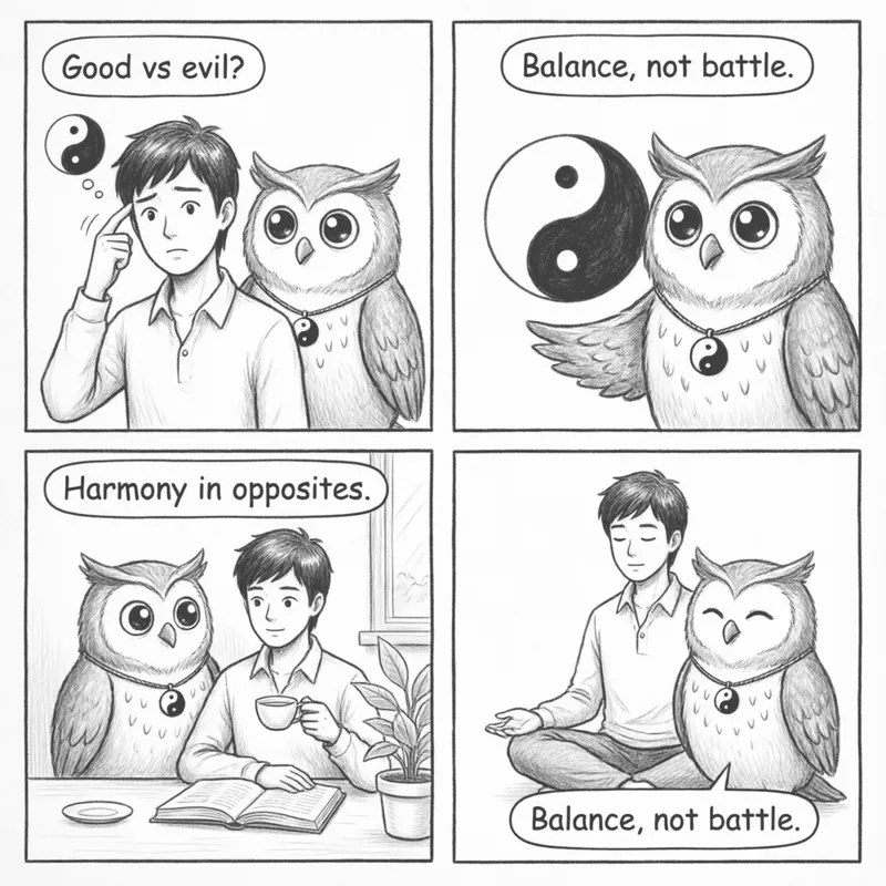 The Yin Yang Seesaw — A 4-Panel Comic: (1) Balanced seesaw (2) Yang rises Yin falls (3) Yin rises Yang falls (4) X