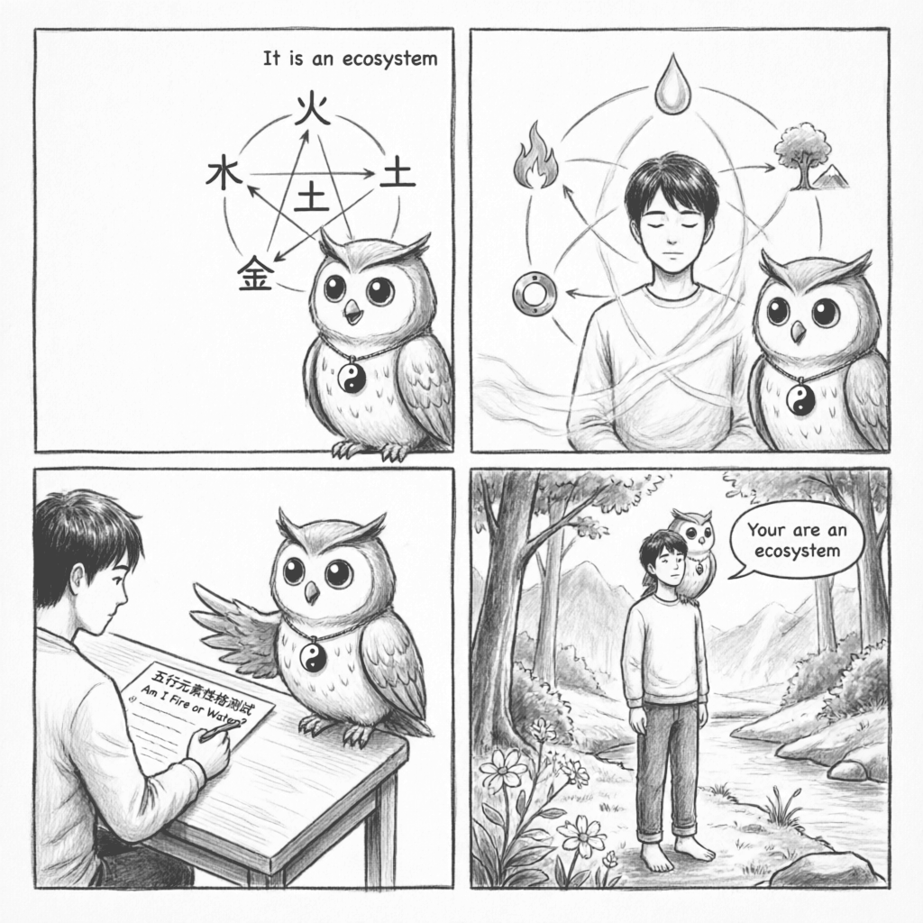 The Five Elements as an Ecosystem — A 4-Panel Comic