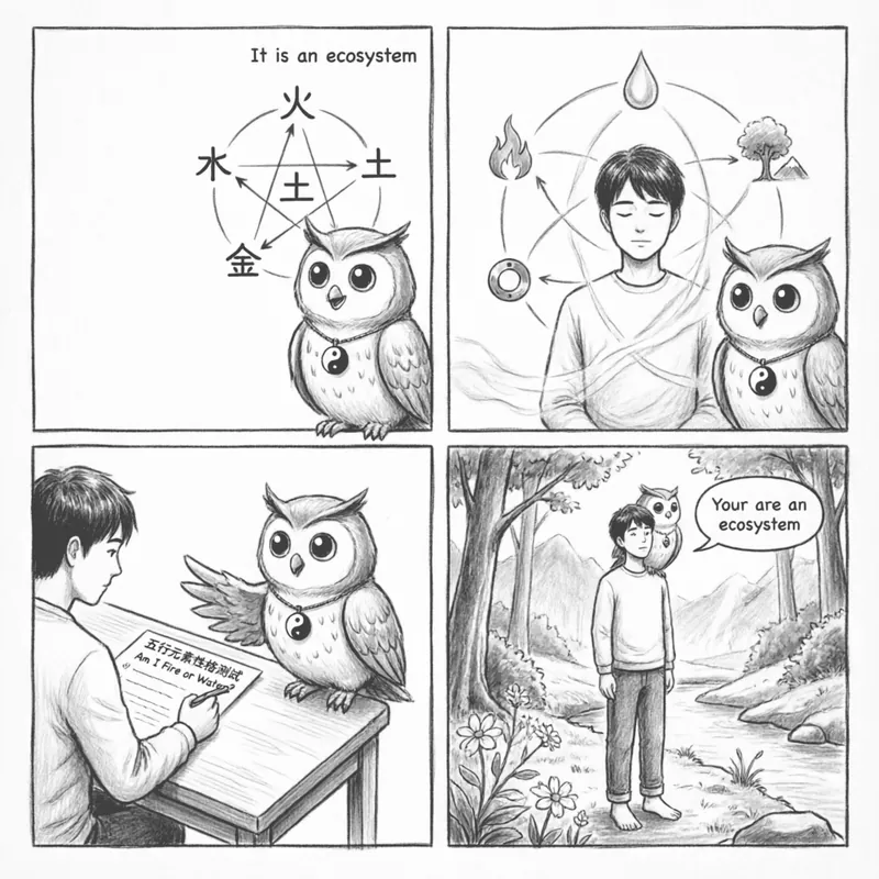 The Five Elements as an Ecosystem — A 4-Panel Comic