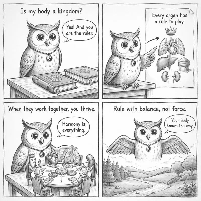 Your Body Is a Kingdom — A 4-Panel Comic: (1) Person viewing body as machine with gears (2) Ollie revealing five palaces of Zang organs as kingdom departments (3) Ollie as Emperor coordinating all five organs with golden threads (4) Person understanding body as well-run kingdom