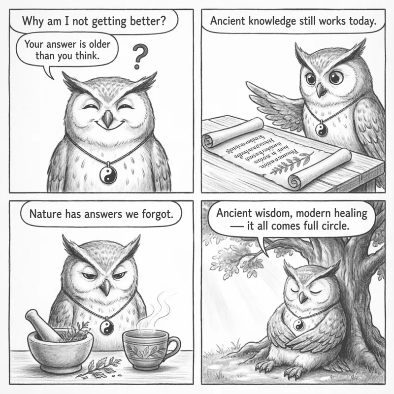 Ollie the screech owl introducing Zhang Zhongjing as the original pattern detective — four-panel comic for What Zhang Zhongjing Knew
