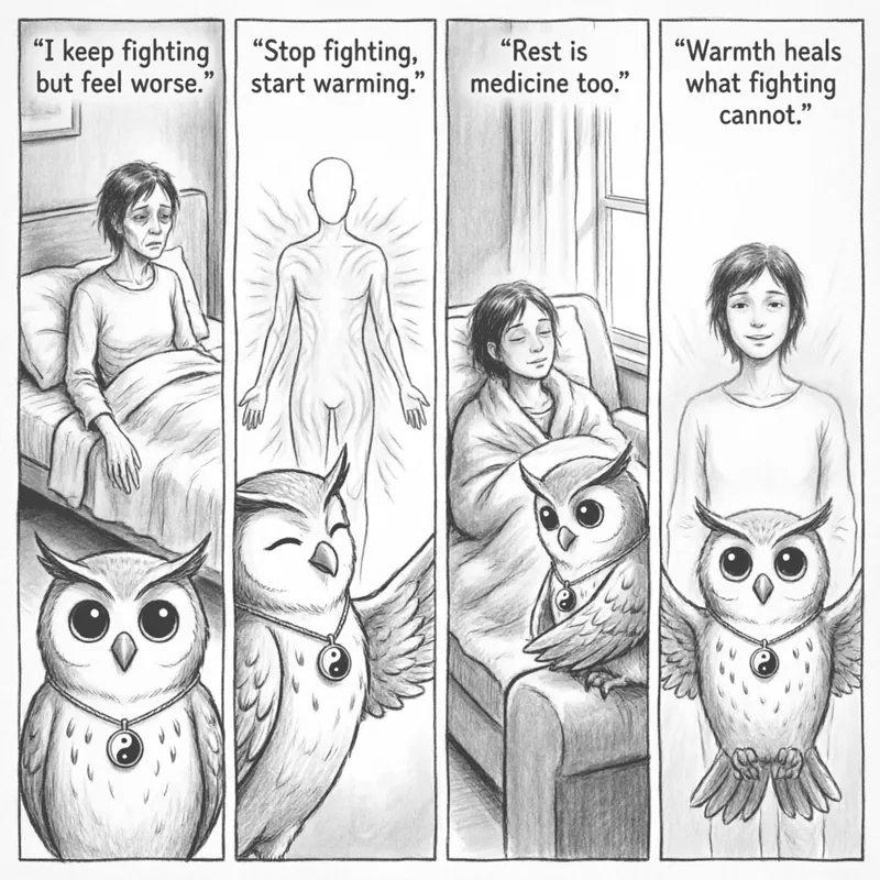 Ollie the screech owl comparing the body to a house in winter — four-panel comic for Stop Fighting Start Warming