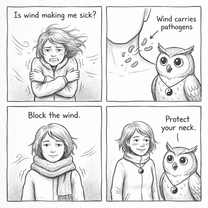 Ollie the screech owl explaining the sweat question — Gui Zhi Tang vs Ma Huang Tang — four-panel comic for Wind-Cold Is Not A Weather Report