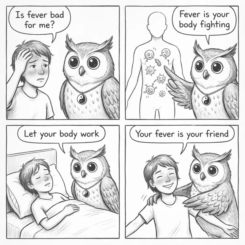 Ollie the Screech Owl explains fever and the White Tiger formula in a 4-panel comic