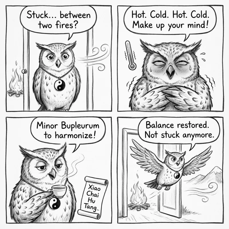 Ollie the Screech Owl explains the Shao Yang stage and Xiao Chai Hu Tang in a 4-panel comic
