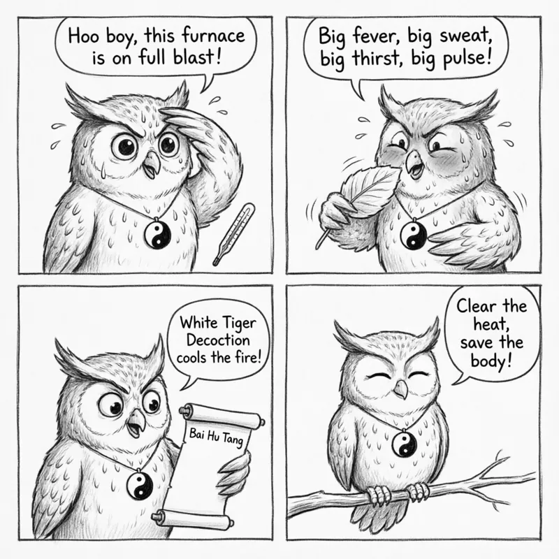 Ollie the Screech Owl explains the Yangming Stage and Bai Hu Tang in a 4-panel comic
