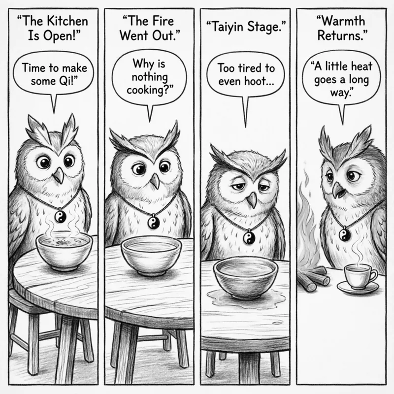 Ollie the Screech Owl explains the Taiyin Stage in a 4-panel comic