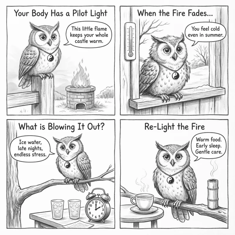Ollie the screech owl explains in a 4-panel black and white hand-drawn comic