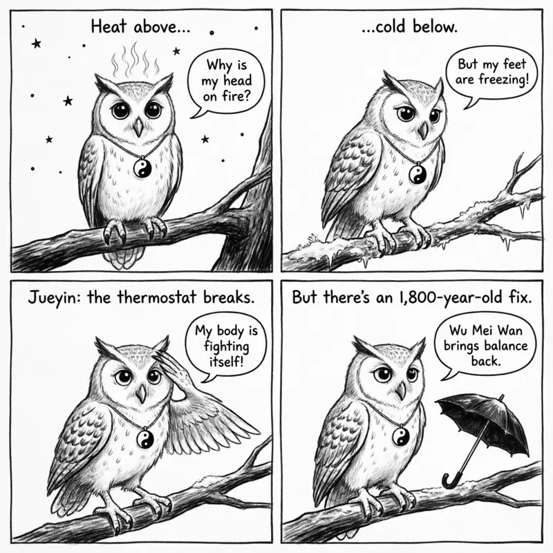Ollie the screech owl explains in a 4-panel black and white hand-drawn comic