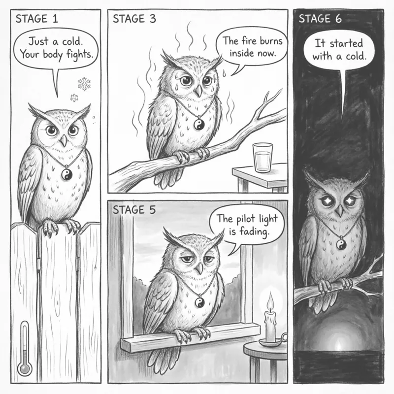 Ollie the screech owl explains in a 4-panel black and white hand-drawn comic how a cold progresses through six stages into cancer