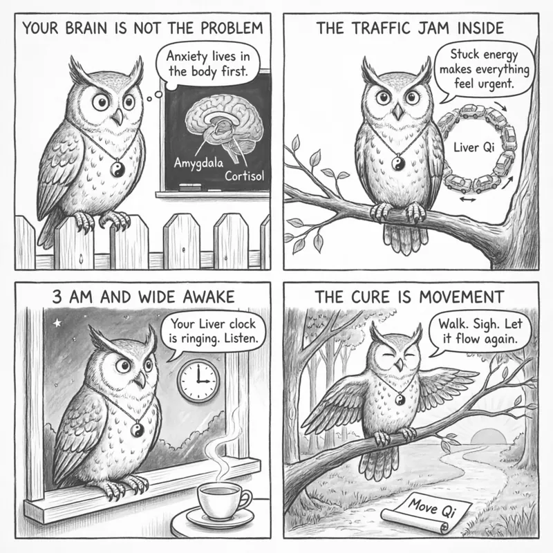 Ollie the screech owl explains Liver Qi Stagnation and anxiety in a 4-panel black and white hand-drawn comic