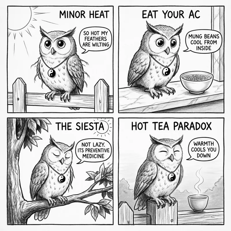 Ollie the screech owl experiences Minor Heat — from blazing sun to mung bean soup, napping, and watermelon at dusk