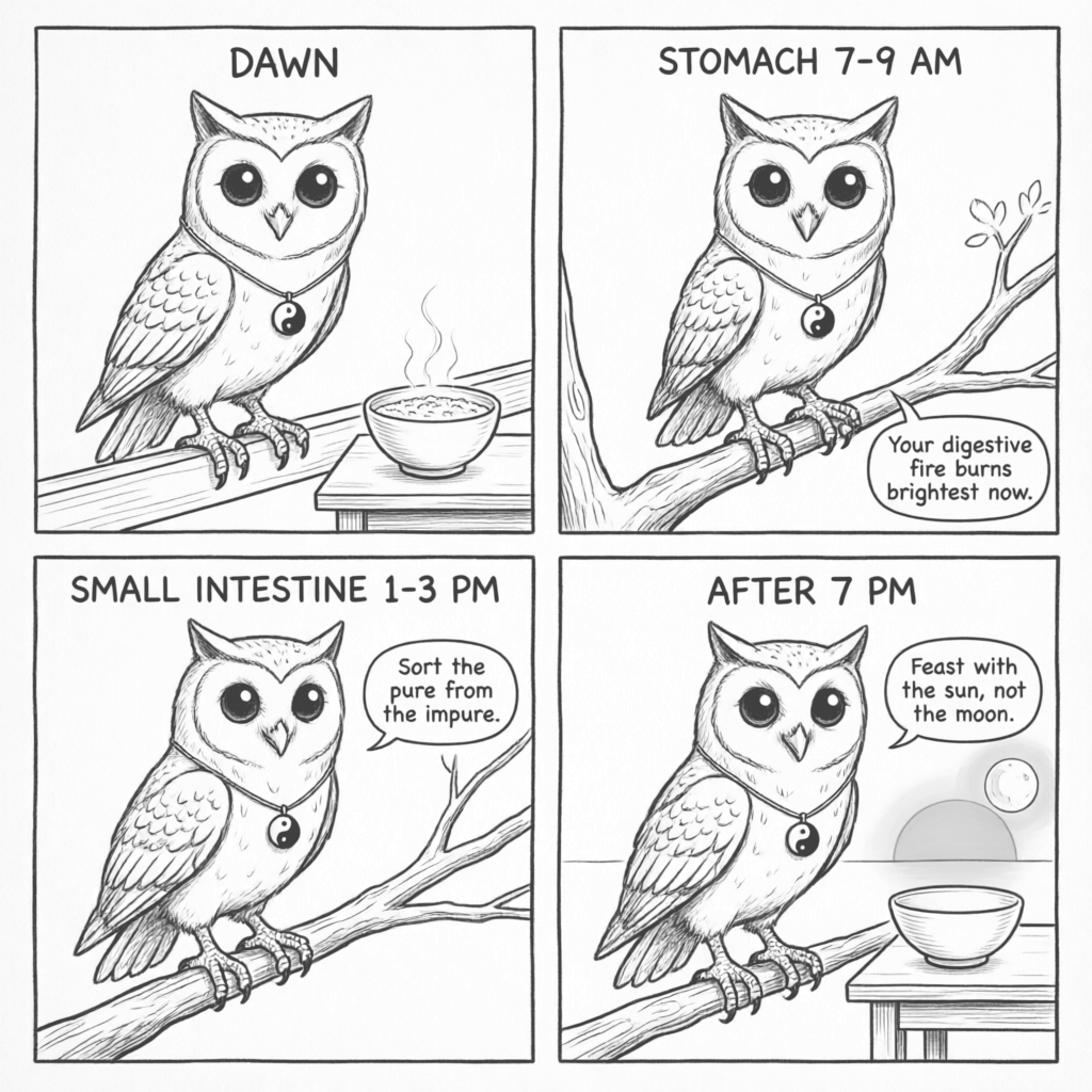 Ollie the screech owl discovers the TCM food clock — from morning congee and Stomach time to Small Intestine sorting and sunset rest