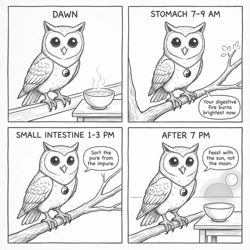 Ollie the screech owl discovers the TCM food clock — from morning congee and Stomach time to Small Intestine sorting and sunset rest