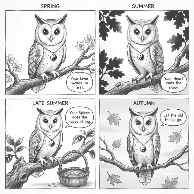 Ollie the screech owl confused by the wrong season on his calendar across four seasonal panels