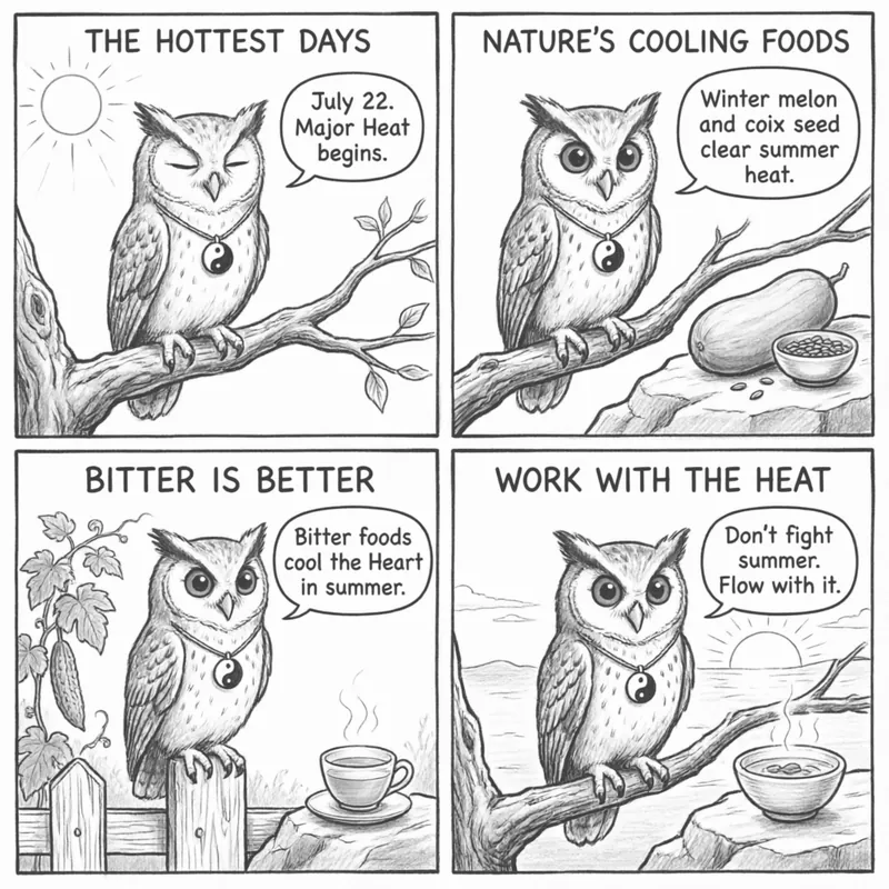 Ollie the screech owl survives Major Heat with winter melon and coix seed soup