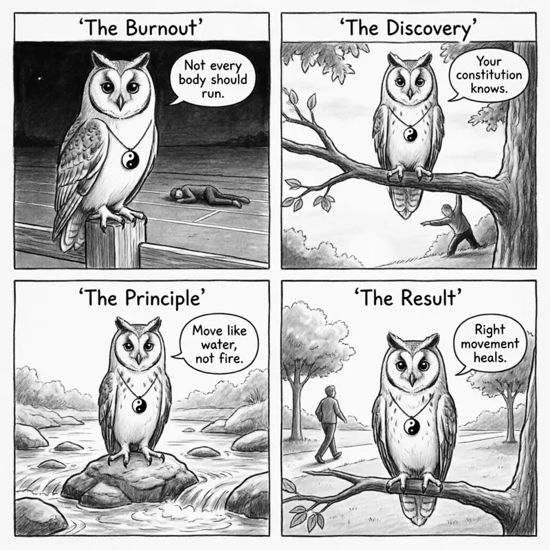 Ollie the Screech Owl explains how different body constitutions need different exercise — 4-panel hand-drawn black-and-white comic
