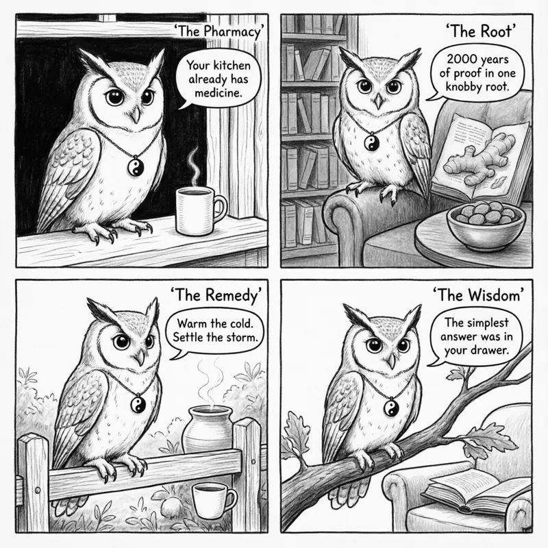 Ollie the Screech Owl explains the three superpowers of fresh ginger in a 4-panel hand-drawn comic
