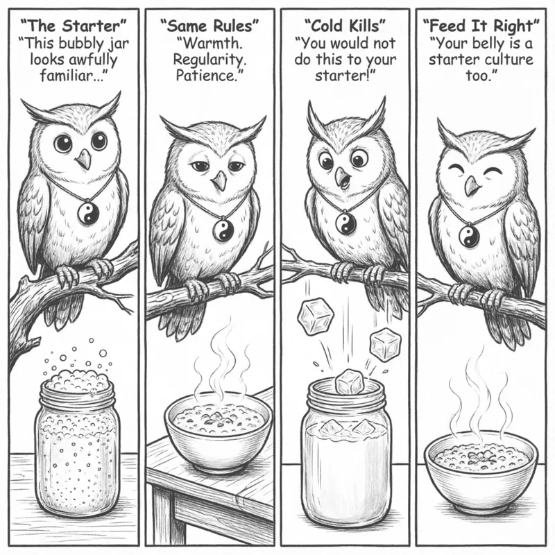 Ollie the Screech Owl explains how sourdough fermentation mirrors your Spleen system in a 4-panel hand-drawn comic