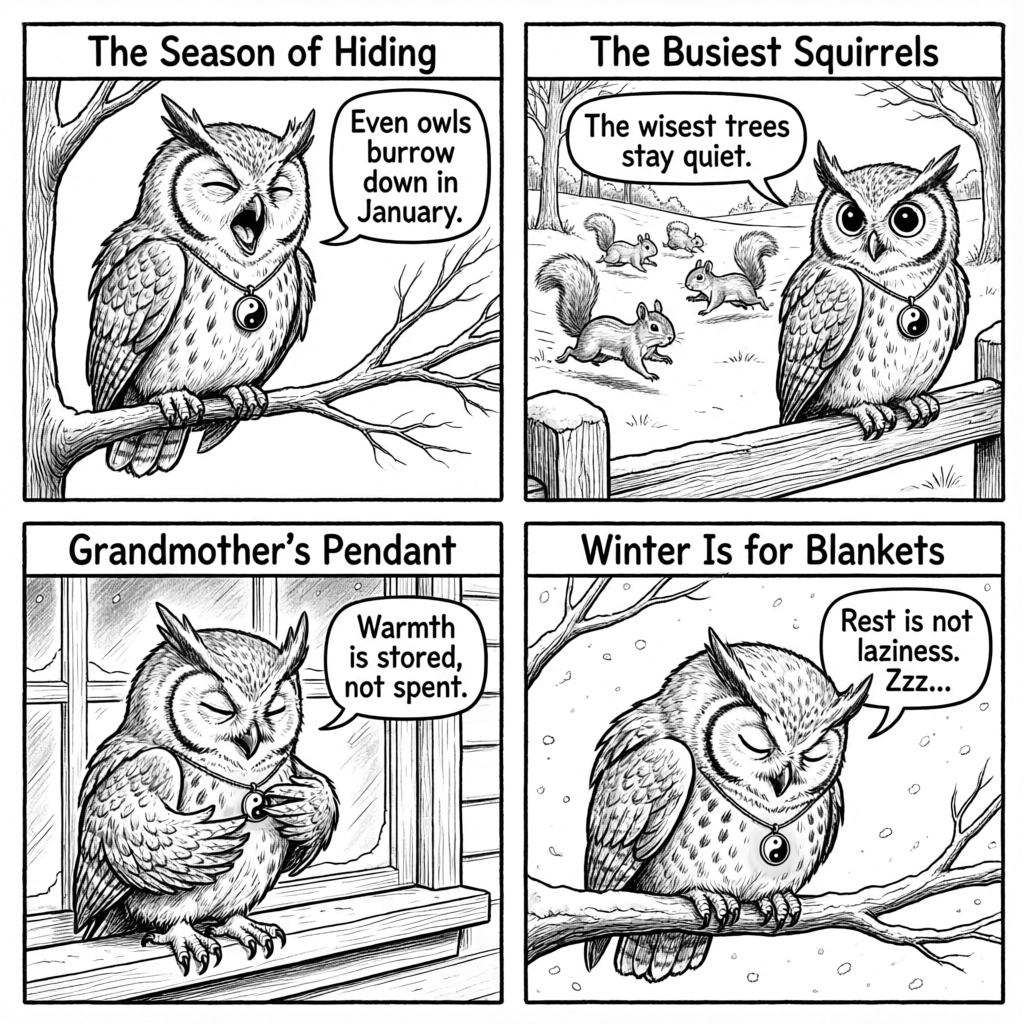 Ollie the screech owl burrows down for winter — the Neijing's season of hiding