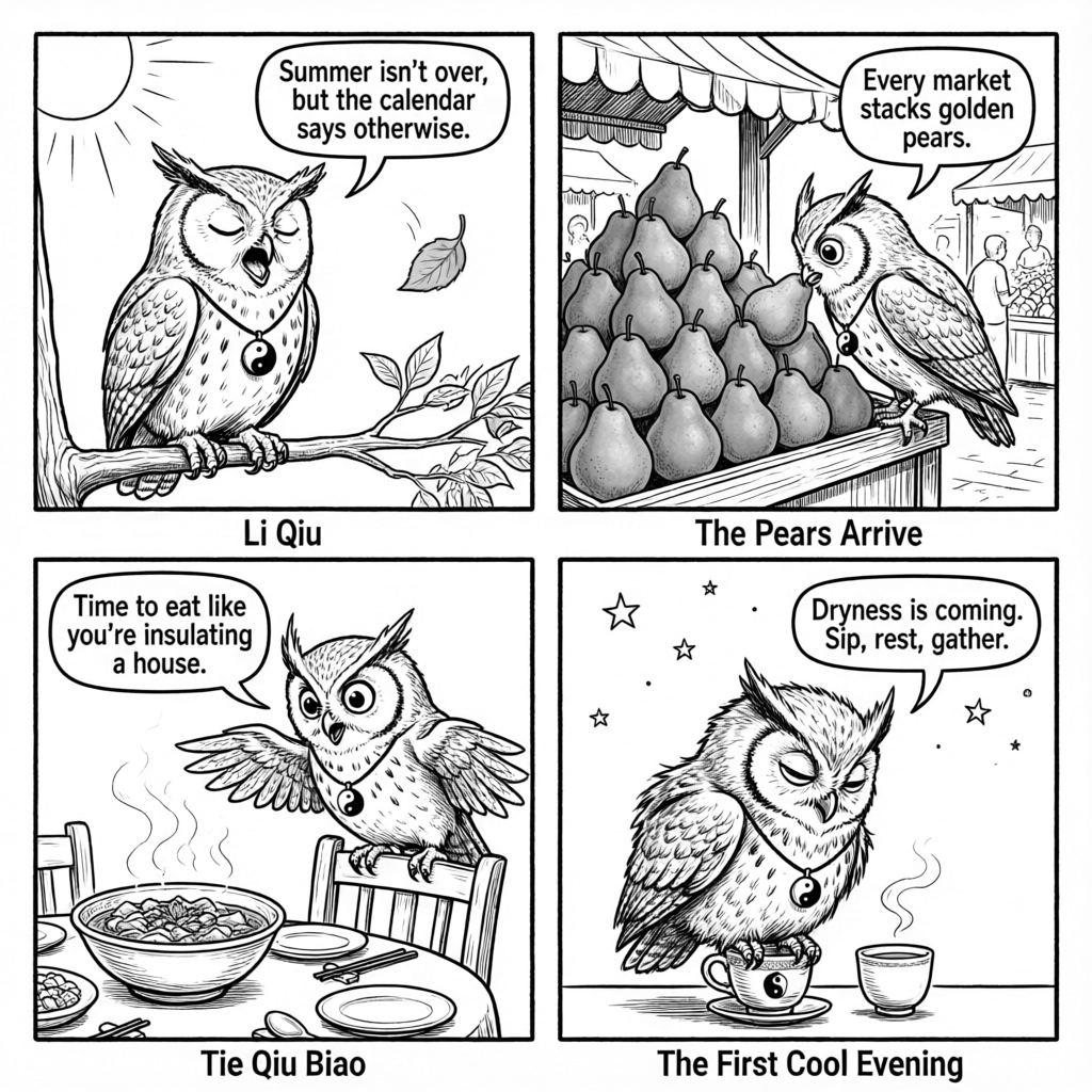 Ollie the screech owl welcomes Li Qiu — the first pear, the fattening feast, and the first cool evening