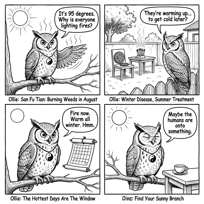 Ollie the screech owl watches the San Fu Tian heat — smoke rising, winter cold taking flight
