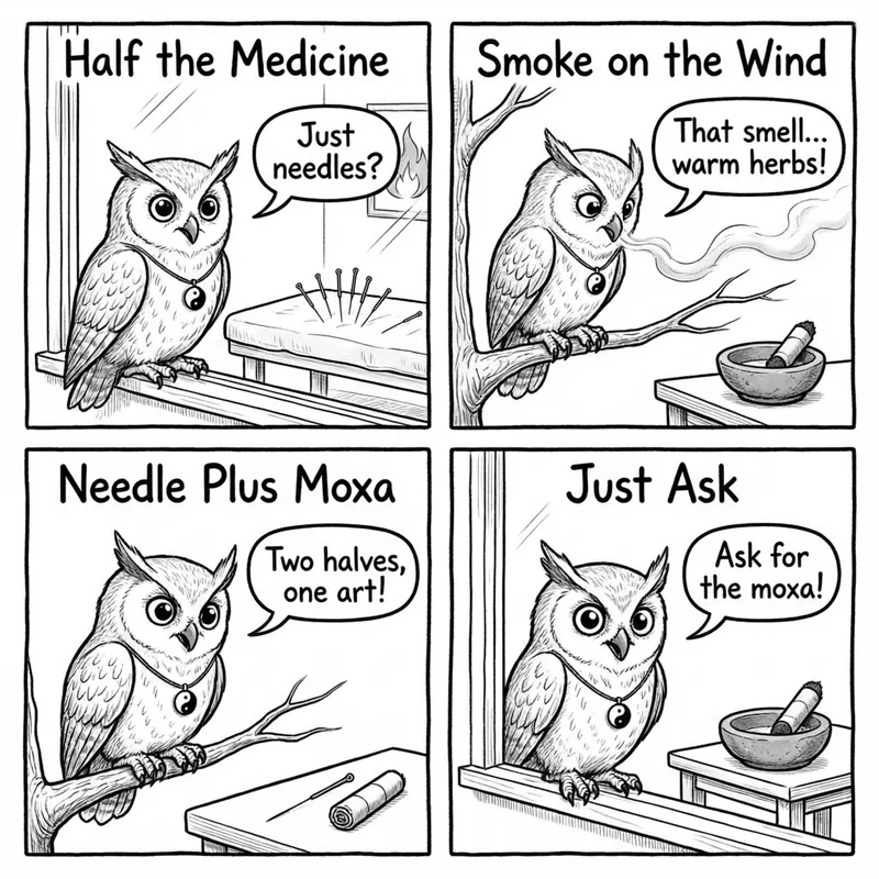 Ollie the screech owl peeks through the clinic window, mugwort smoke curling up, wondering why the humans keep the fire a secret