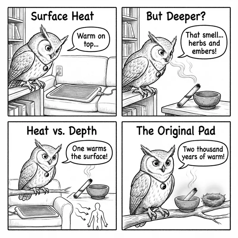 Ollie the screech owl compares the flat electric heating pad with a smoldering moxa stick — surface heat vs. deep warmth