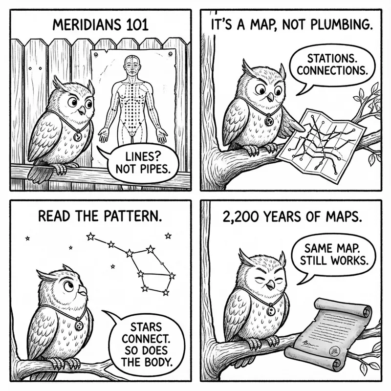 Ollie the screech owl explains meridians as a 2,200-year-old map, not energy pipes